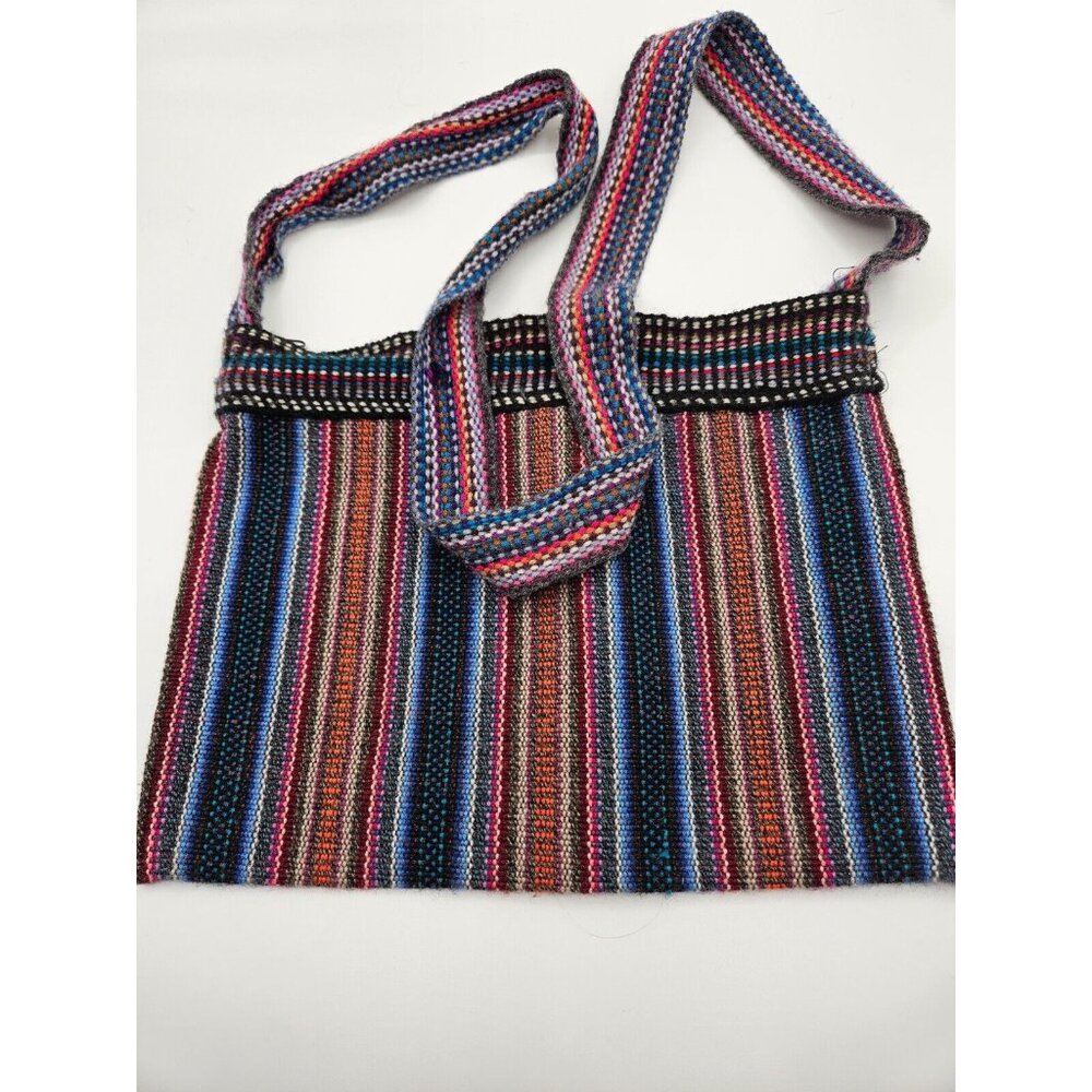 Woven knit multicolored striped pattern messenger bag with zipper closure